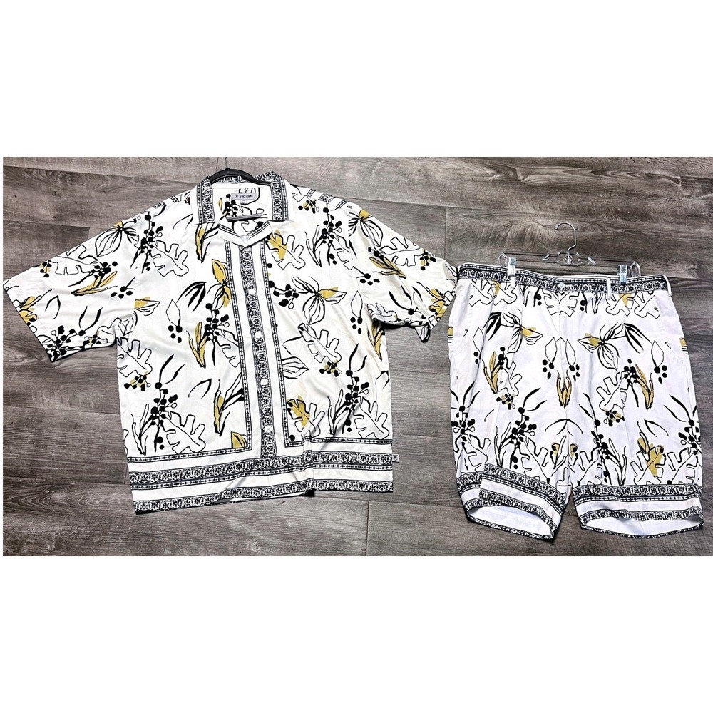 Stacy Adams 2 Piece Walking Suit Mens XXL Shirt Shorts Set Botanical White Black